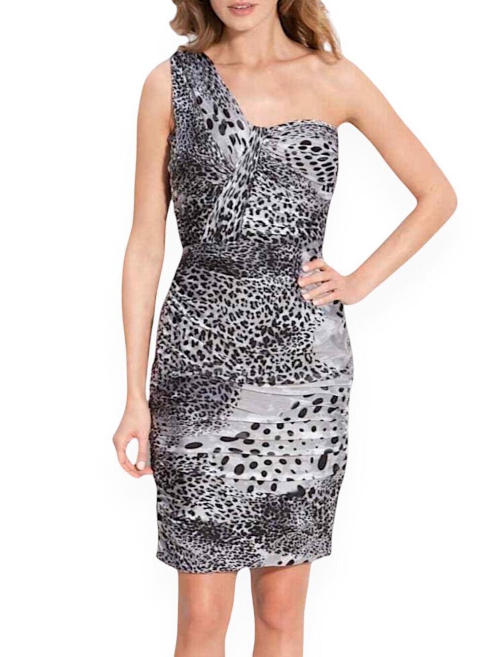 TADASHI SHOJI Black White Animal Print One Shoulder Ruched Evening Dress NWT 8